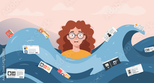 A girl in glasses drowns in panic in a wave of browsers and tabs. Symbol of digital fatigue, anxiety and burnout. Many browser tabs. Information overload.