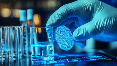 Gloved hand holds glass with visible fingerprint under ultraviolet light in forensic lab