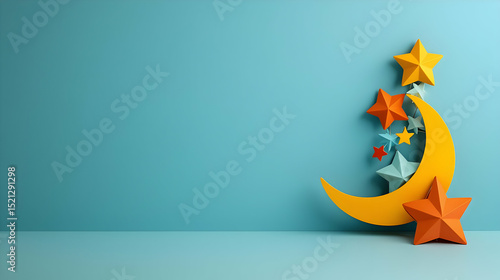 Colorful Paper Moon And Stars On Light Blue Background