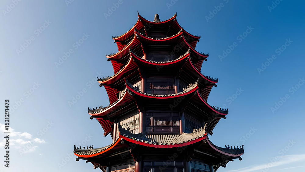 Obraz premium Chinese Pagoda_ A multi-tiered wooden pagoda with gracefully upturned eaves and bright red lacquer accents. 