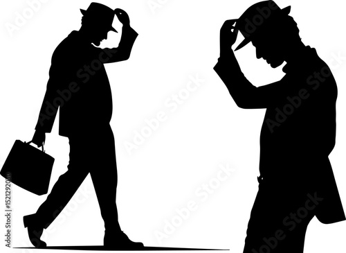 Gentleman Tipping Hat and Walking with Briefcase Silhouette