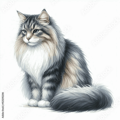 Woodland Water Wash Cat Norwegian Forest isolated watercolor vector illustration svg