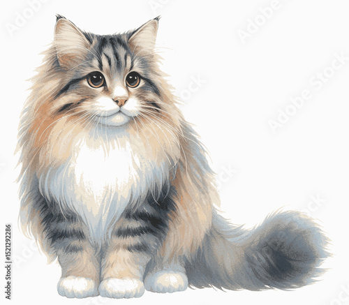 Northern Watercolor Muse Cat Norwegian Forest isolated vector illustration svg