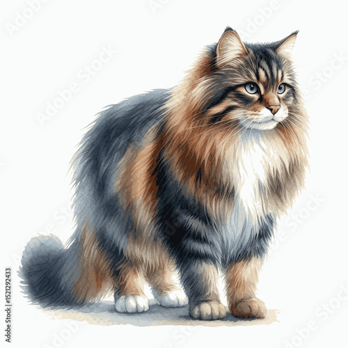 Nordic Watercolor Whiskers Cat Norwegian Forest isolated vector illustration svg