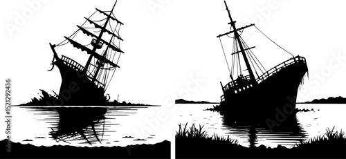 Sunken Shipwreck Silhouette - Maritime Disaster and Ocean Mystery