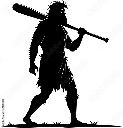 Caveman Hunter-Gatherer with Club Silhouette Vector