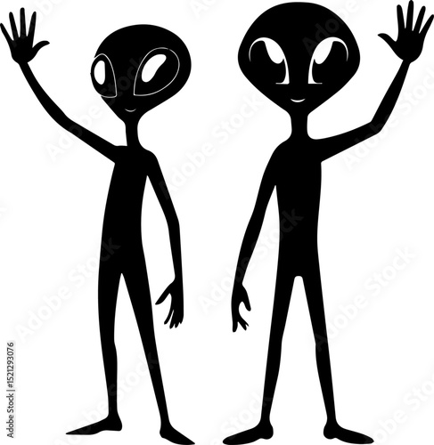 Friendly Waving Alien Silhouette Vector Set