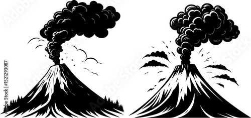 Erupting Volcano Black and White Silhouette Vector Set