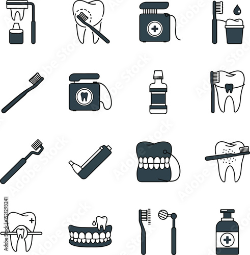 Collection of dental care icons for oral hygiene and dentist tools. Perfect for healthcare designs