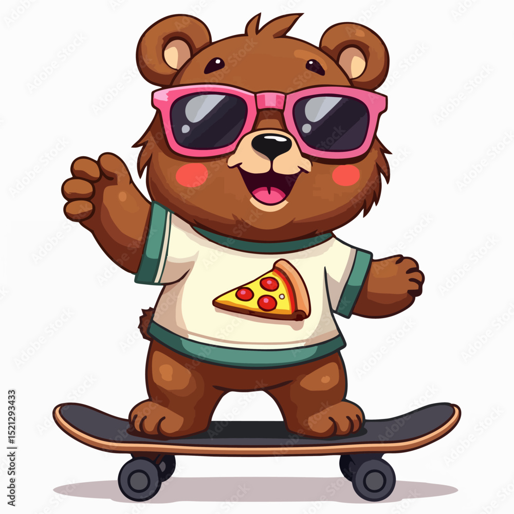 Fototapeta premium Vector fashion design for children t-shirt. Cute teddy bear on skateboard with pink glasses and pizza isolated on white background. Print for fabric, clothing for boy and girl.