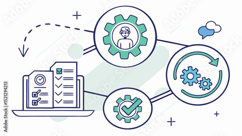 Illustration showing a laptop with checklist, gears, and arrows representing workflow process and automation