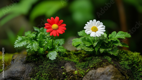 Red and White Daisy Flowers Growing on Mossy Rocks in Natural Forest Setting