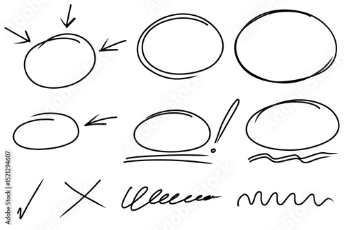 Highlight oval frames, marker arrows, hand drawn underlines lines. Hand drawn scribble doodle circle set. Ovals and ellipses line template. Stock vector illustration isolated on white background.