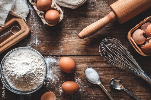A flat lay of cozy baking ingredients and tools on a rustic wood background
