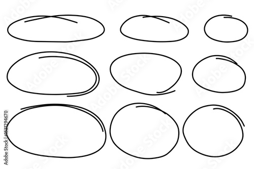 Highlight handdrawn oval sketch frames line set. Hand drawn scribble circle underscore set. Doodle ovals and ellipses line template. Vector illustration oval isolated on white background.