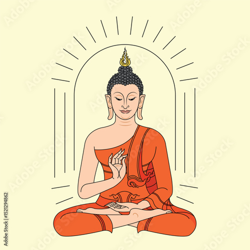 Buddha in meditation pose, performing the Dharmachakra mudra. Perfect for Buddhist designs, spiritual prints, mindfulness graphics, and yoga-inspired decorations. Flat line art style with calm colors.