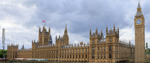 Panoramic View of Houses of Parliament and Big Ben on the River Thames, this is a multi image of 3 photos stitched together