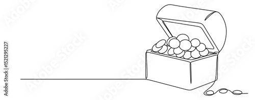 art of a single continuous line depicting a treasure chest filled with piles of gold coins. pirate vector illustration with a white background