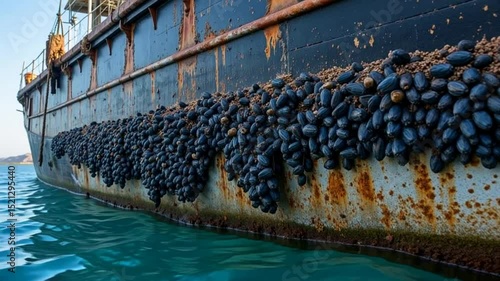 Rusty Ship Hull Covered in Mussels near Ocean Water Stunning View of Marine Life and Aquatic Ecosystem on a Sunlit Day