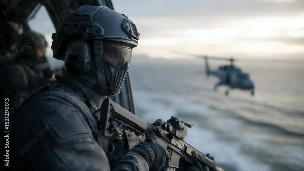 Special forces Soldier on Watch in an Open Helicopter Doorway Special forces Soldier on Watch in an Open Helicopter Doorway