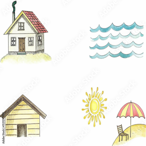 A hand-drawn collection of a house, sea, sun, and beach elements.