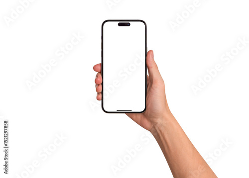 Hand showing smartphone with blank screen isolated. Premium high quality studio shot. Concept for business technology and advertising.