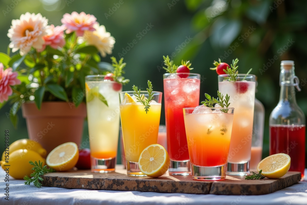 Fototapeta premium Beautiful row line of different colored cocktails on a party. Decorated catering bouquet table on open air event, picture with beautiful bokeh. AI