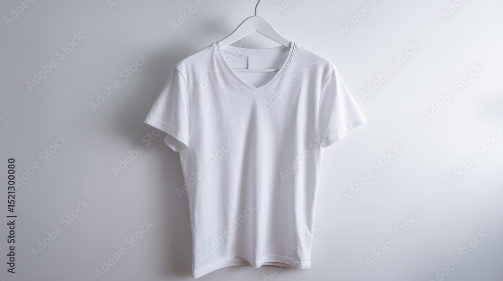 White cotton t-shirt hanging on white hanger against white background, studio lighting White cotton t-shirt hanging on white hanger against white background, studio lighting