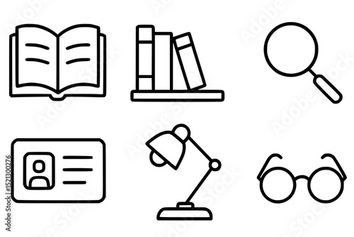 Library and Study Essentials Icon Set – Books, Lamp, Glasses, Magnifier