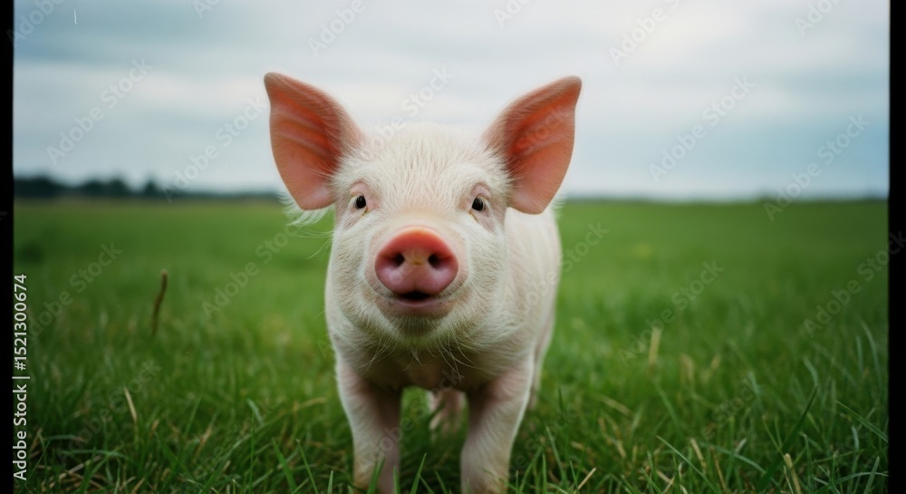 Curious Piglet Standing in Green Field Looking at Camera Curious Piglet Standing in Green Field Looking at Camera