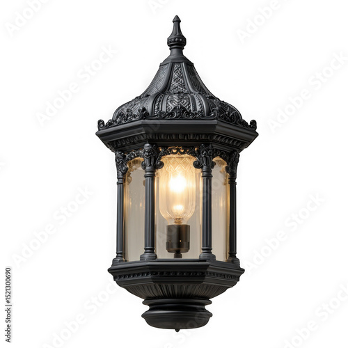 Ornate black outdoor wall lantern isolated on transparent background