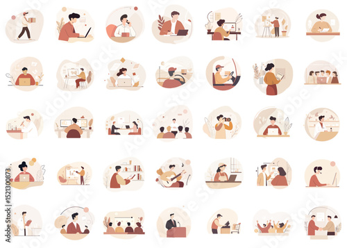 35 pcs set vector illustrations of work environment, creative mood, people working, light colors, copy space