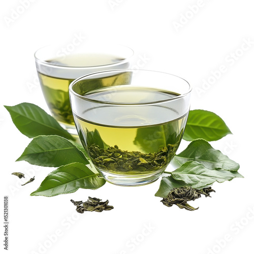Green tea in cup isolated on transparent background. PNG.