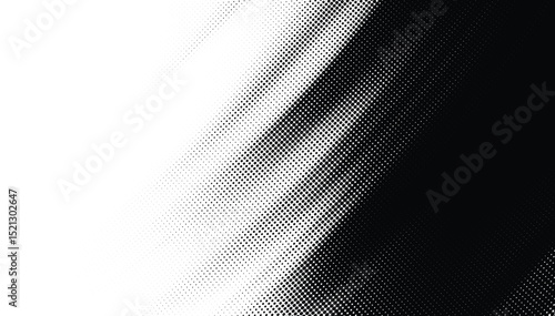 Vector halftone dot curving  pattern with black-to-white fade. Abstract tilted dotted dynamic background. Retro  pop art effect.