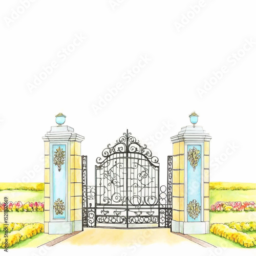 A watercolor illustration of an elegant wrought iron gate.