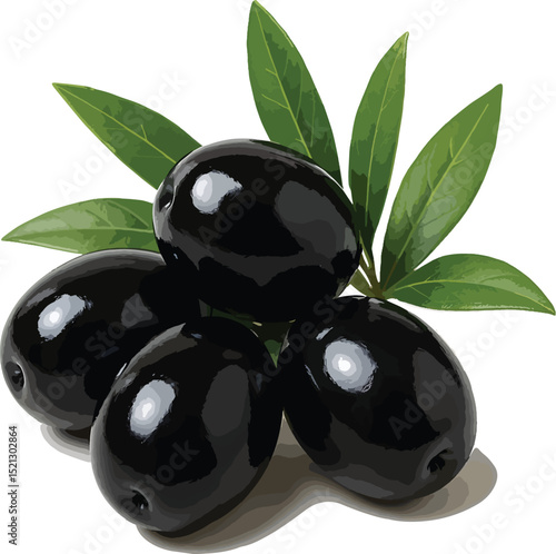 Fresh Black Olives with Green Leaves on White Background