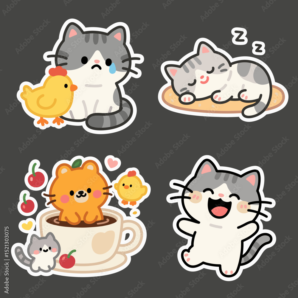 Fototapeta premium Cute Cat and Chick Cartoon Sticker Set 