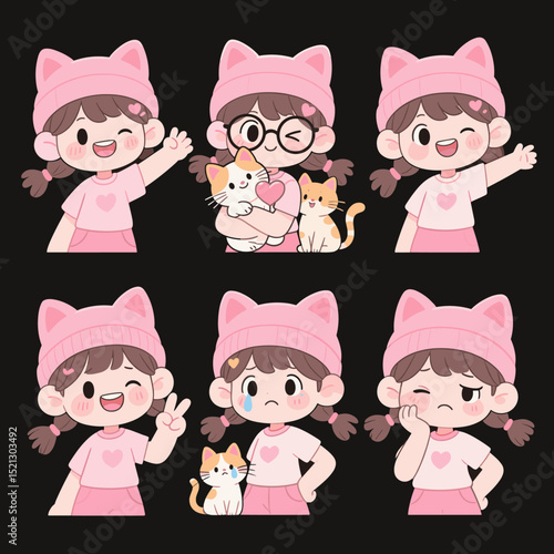 Cute Cartoon Girl with Cat Ear Headwear Character Set

