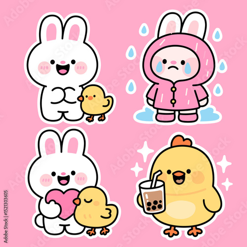 Cute Cartoon Rabbit and Chick Interaction Sticker Set
