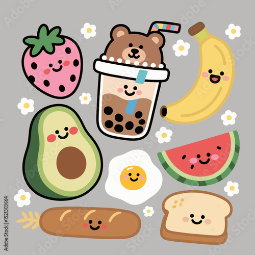 Cute Cartoon Food and Fruit Character Set
