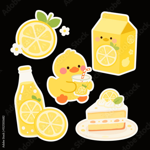 Cute Cartoon Lemon Themed Food and Drink Character Set
