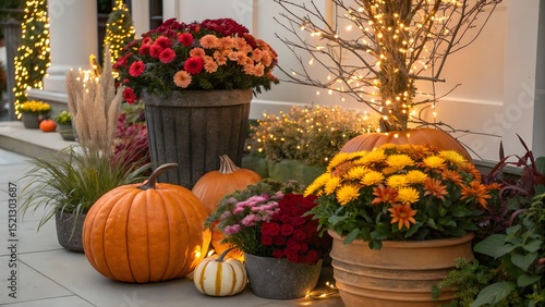 Autumn display with pumpkins and potted flowers decorating an entrance with string lights
