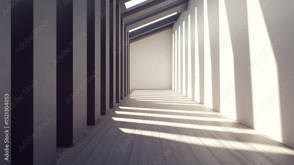 Fototapeta premium Modern living room with wooden floors and neutral walls, showcasing minimalist design and open space.