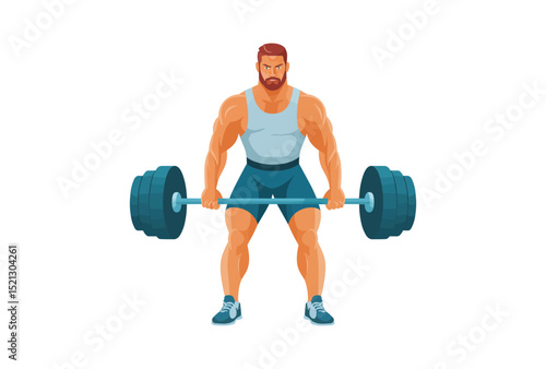 Powerful Weightlifter Flat Vector Illustration of a Strong Man Deadlifting