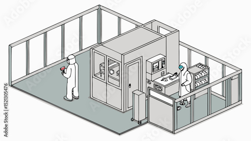 Isometric view of two people in hazmat suits inside a cleanroom environment with equipment and barriers