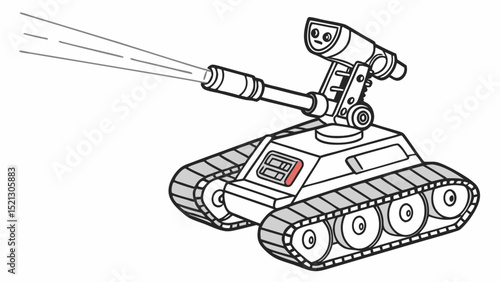Illustration of a toy tank with treads and a cannon firing, featuring a face on the turret top