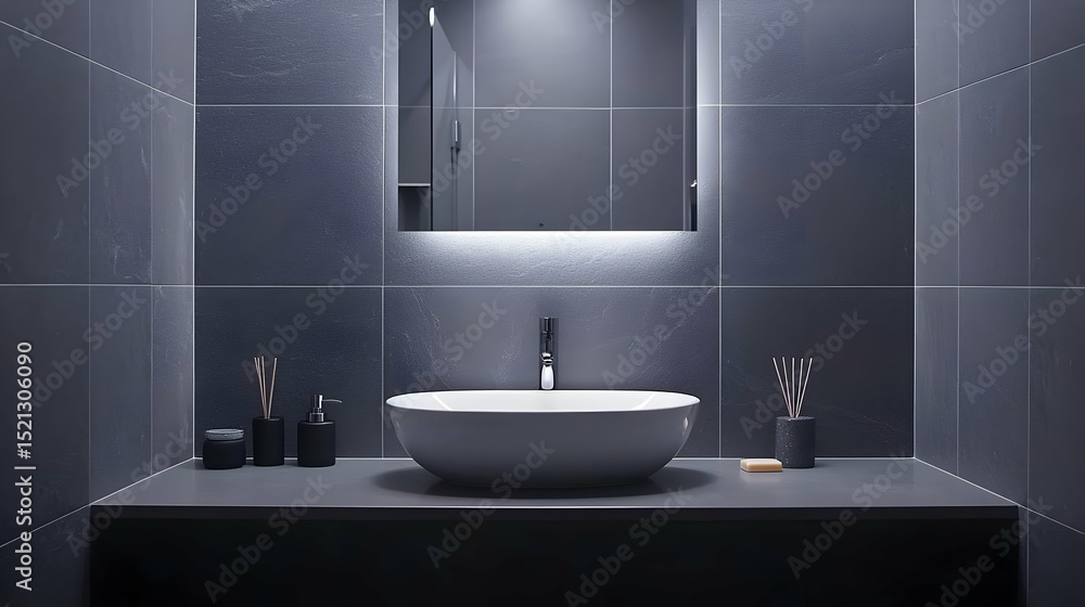 Fototapeta premium Modern Gray Bathroom Vanity With White Sink