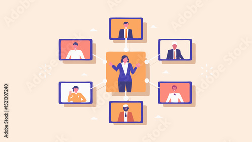 Illustration of a woman leading a virtual meeting with several participants on screens around her