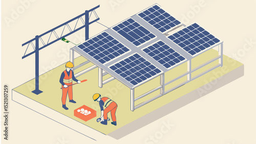 Workers installing solar panels under a crane structure on a platform in an isometric illustration