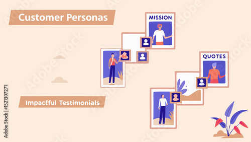 Illustration of customer personas, mission, impactful testimonials and quotes on a light orange background